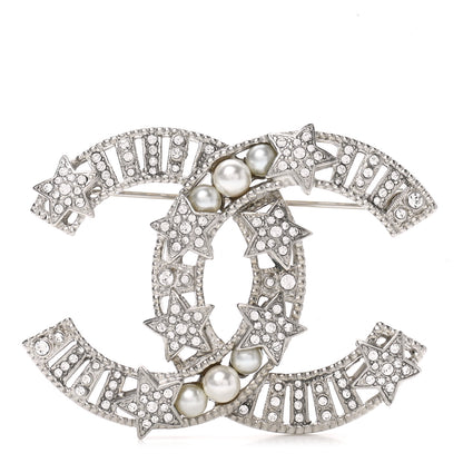 Chanel Crystal Pearl CC Star Coco Flapper Brooch Silver 1 of 6