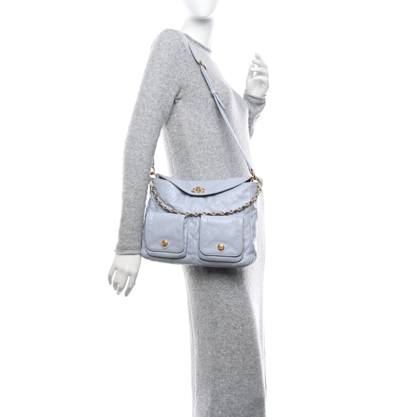 Shiny Calfskin Quilted Large Supple Twins Hobo Bag Light Grey
