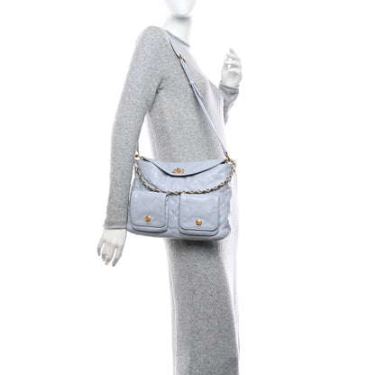 Chanel Shiny Calfskin Quilted Large Supple Twins Hobo Bag Light Grey 2 of 11