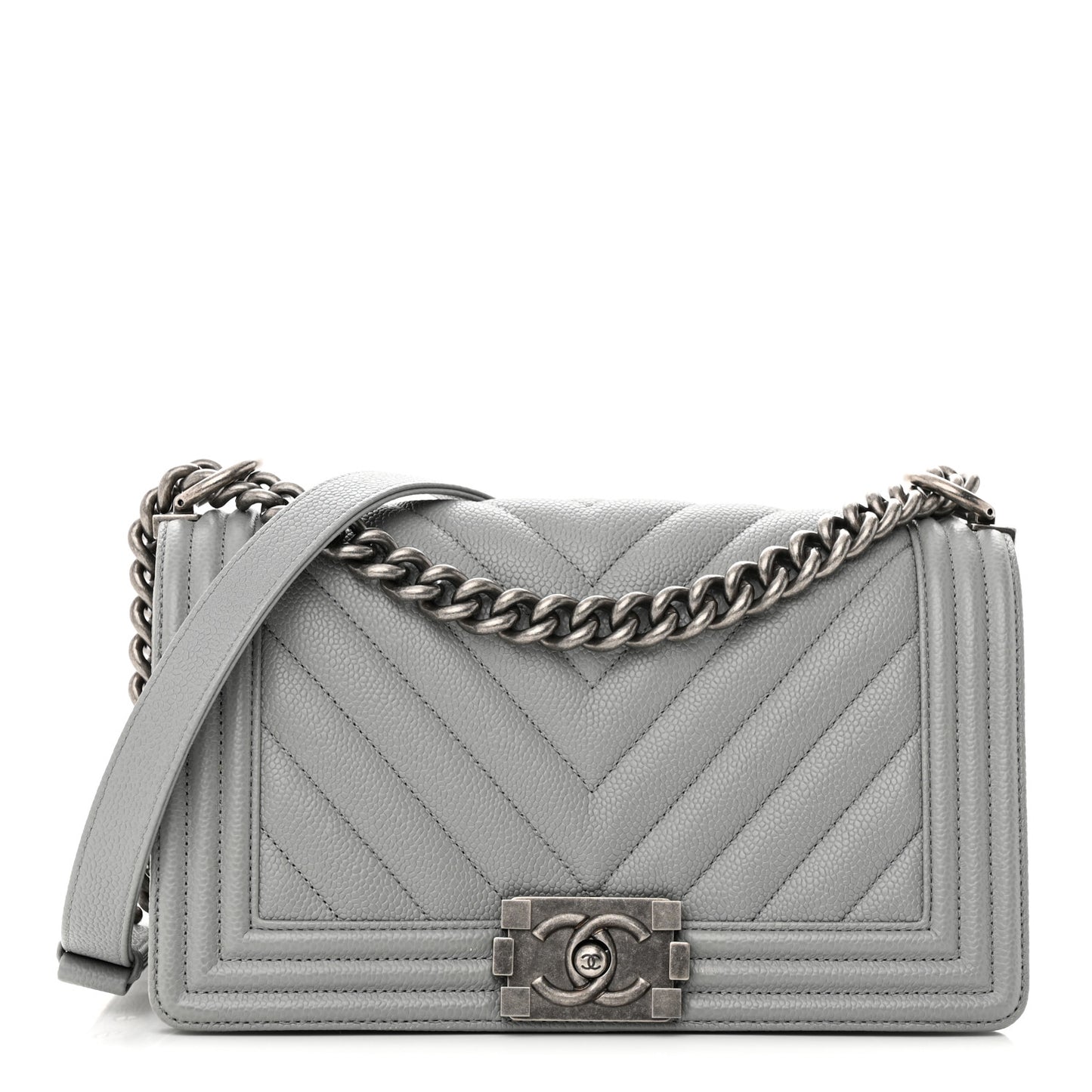 Caviar Chevron Quilted Medium Boy Flap Grey