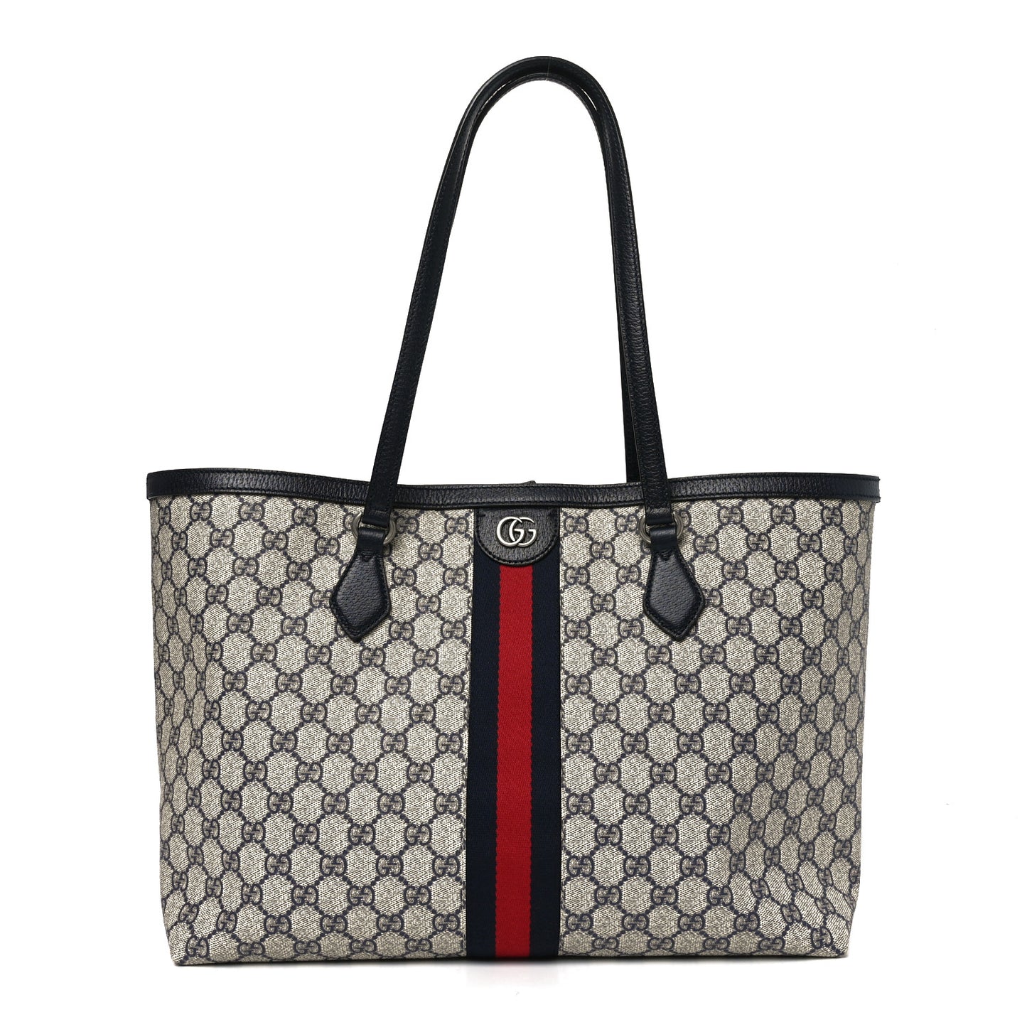 GG Supreme Monogram Textured Calfskin Web Medium Ophidia Shopping Tote Beige Blue