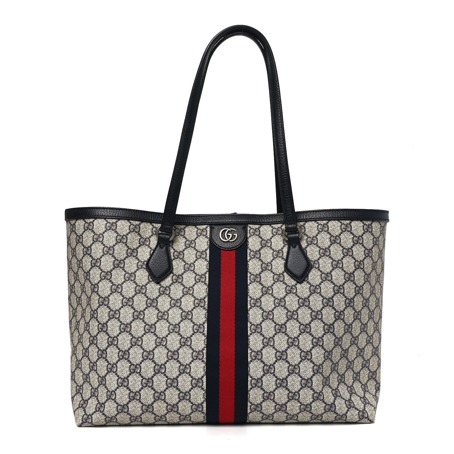 Gucci GG Supreme Monogram Textured Calfskin Web Medium Ophidia Shopping Tote Beige Blue 1 of 10