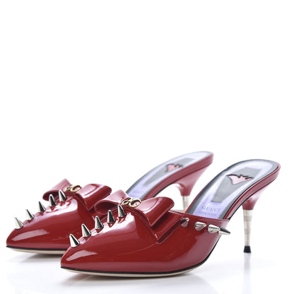 Gucci Patent GG Bow Sadie Spike Mid Heel Mules 38 Hibiscus Red 3 of 12