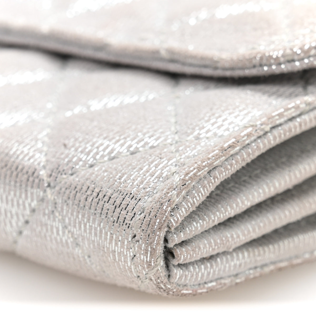 Metallic Suede Quilted East West Flap Clutch Silver