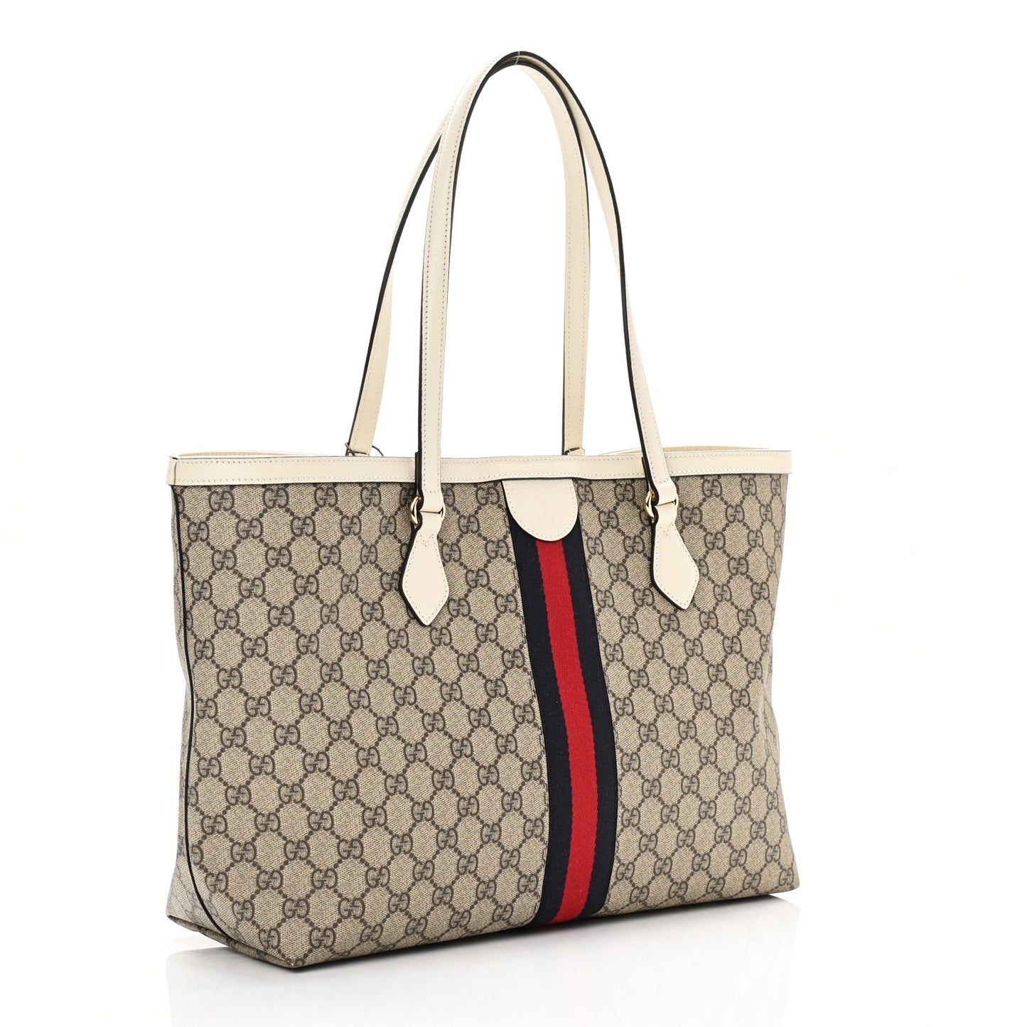 GG Supreme Monogram Textured Dollar Calfskin Web Medium Ophidia Shopping Tote Beige Ebony Mystic White