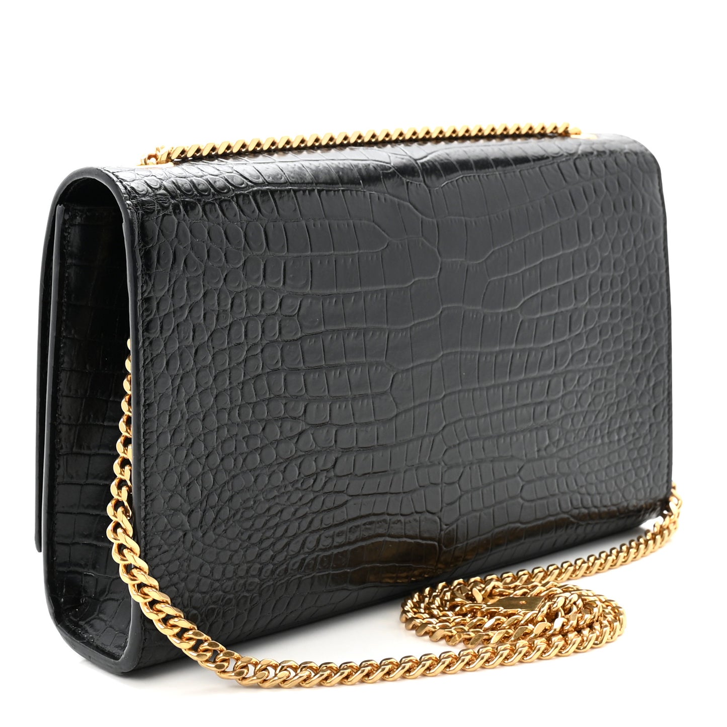 Calfskin Crocodile Embossed Medium Classic Monogram Kate Tassel Satchel Black