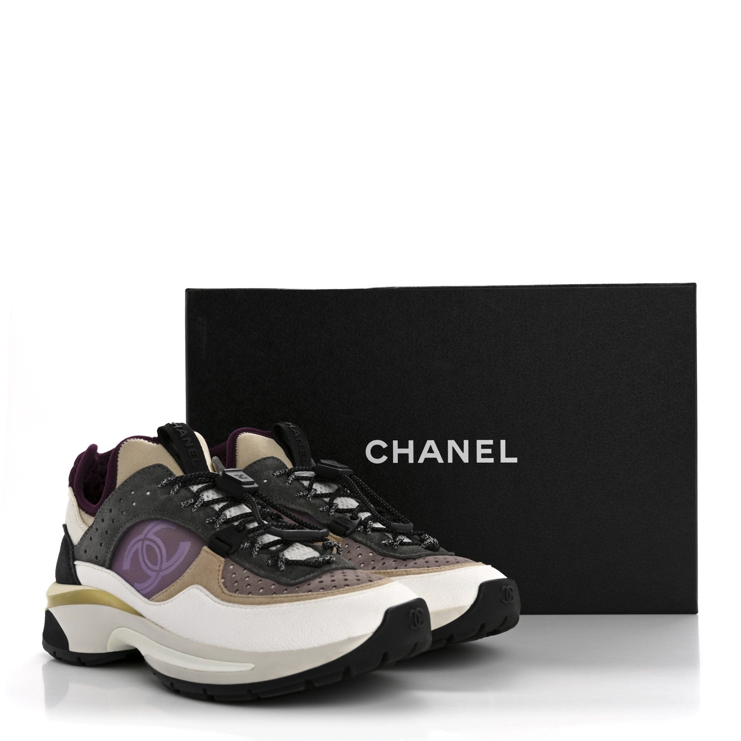 Chanel Fabric Suede Calfskin Mesh Womens CC Sneakers 36 White Grey Purple 9 of 9