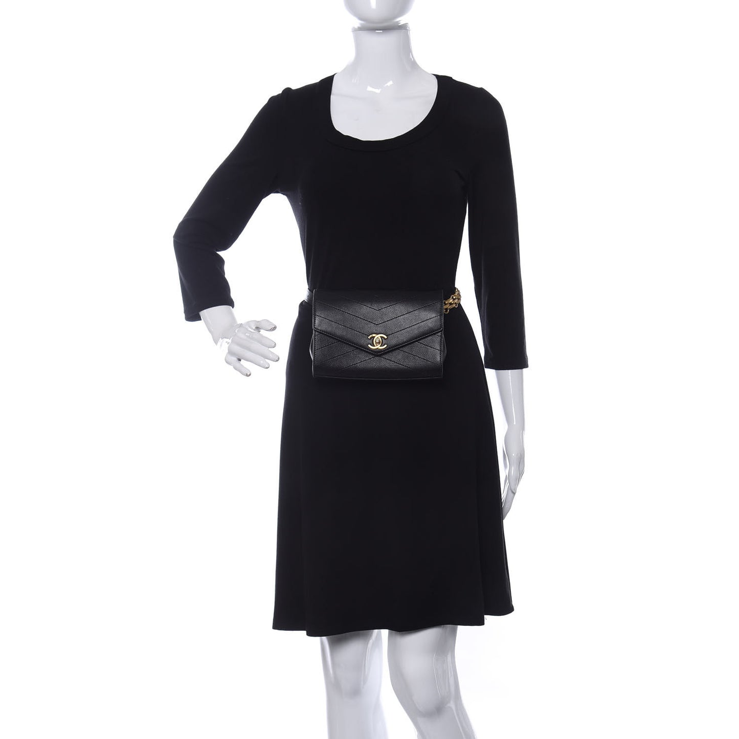 Calfskin Chevron Stitched Coco Waist Bag Black