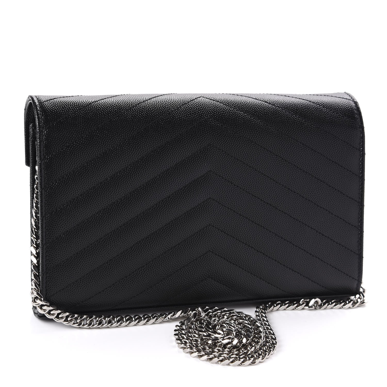 Saint Laurent Grain De Poudre Matelasse Chevron Monogram Chain Wallet Black 3 of 10
