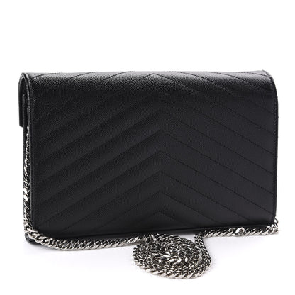 Saint Laurent Grain De Poudre Matelasse Chevron Monogram Chain Wallet Black 3 of 10
