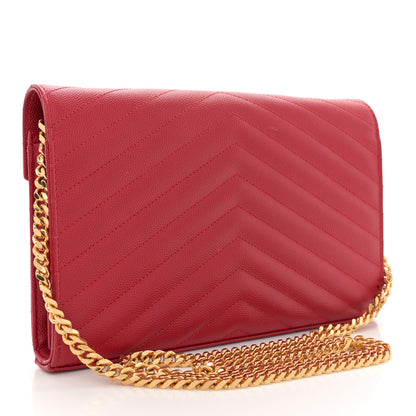 Saint Laurent Grain De Poudre Matelasse Chevron Monogram Chain Wallet Red 3 of 13