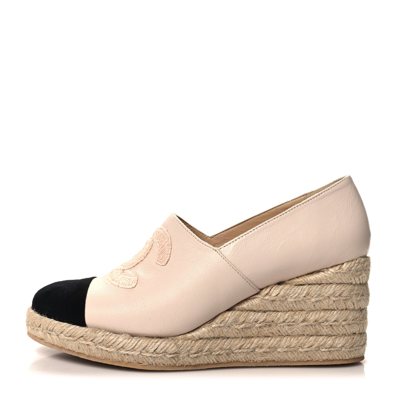 Chanel Lambskin Suede CC Espadrille Wedges 40 Beige Black 1 of 8