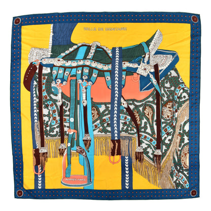Hermes Cashmere Silk Selle De Dignitaire Scarf 140 Jaune Vif Marine 1 of 5