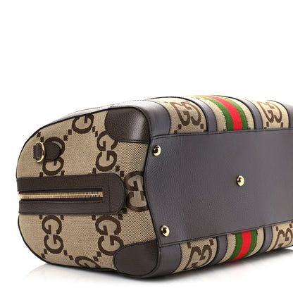 Gucci Monogram Jumbo GG Textured Dollar Calfskin Web Medium Duffle Bag Camel Ebony 8 of 13