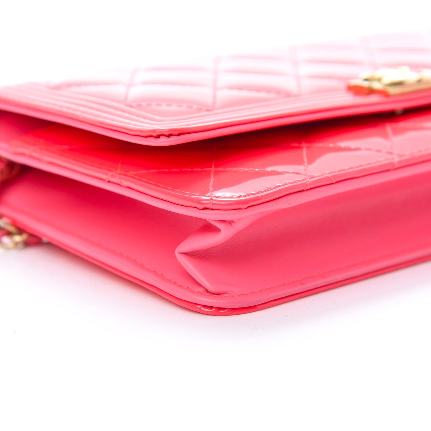 Patent Calfskin Quilted Boy Wallet On Chain WOC Pink