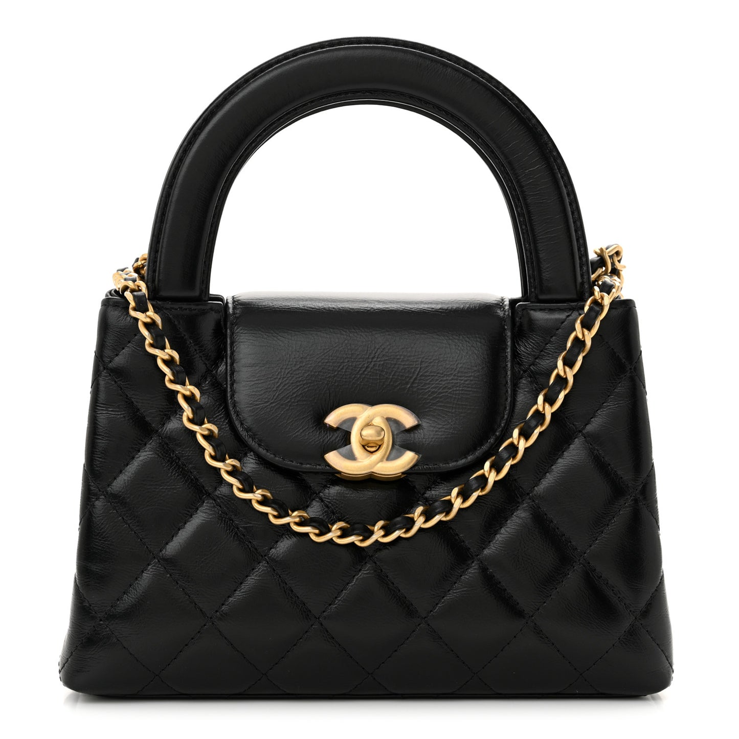 Shiny Aged Calfskin Quilted Nano Kelly Shopper Black