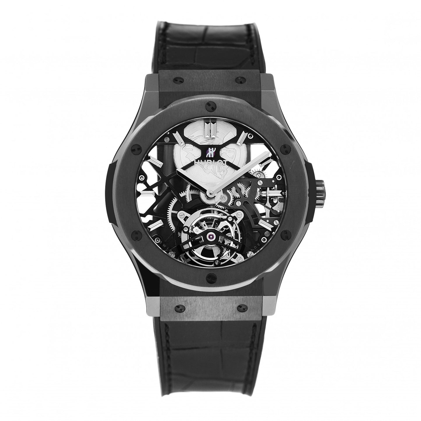 Ceramic Alligator 45mm Classic Fusion Skeleton Tourbillon Manual Winding Watch Black 505.CM.0140.LR