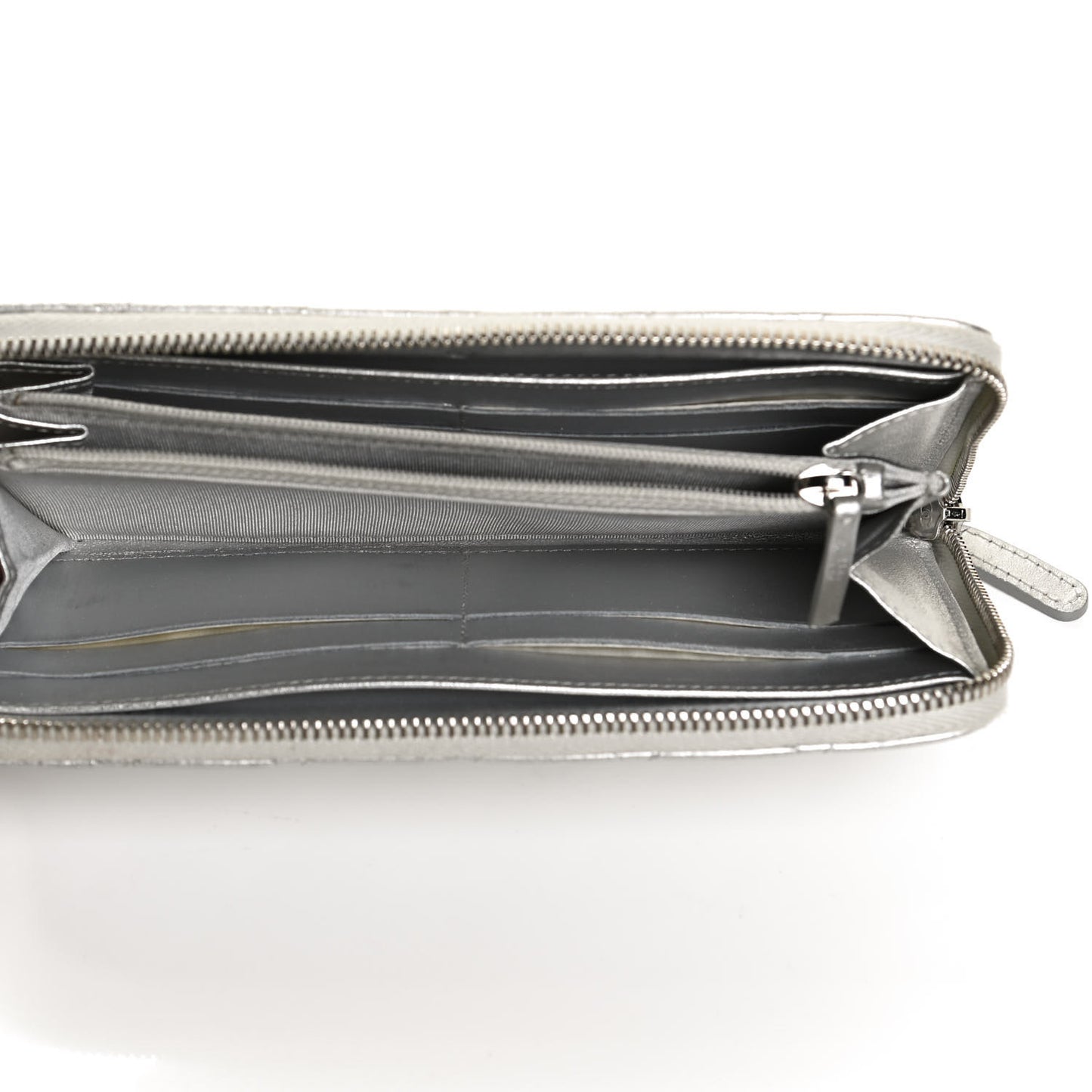 Metallic Lambskin Quilted Large Gusset Zip Around Wallet Silver