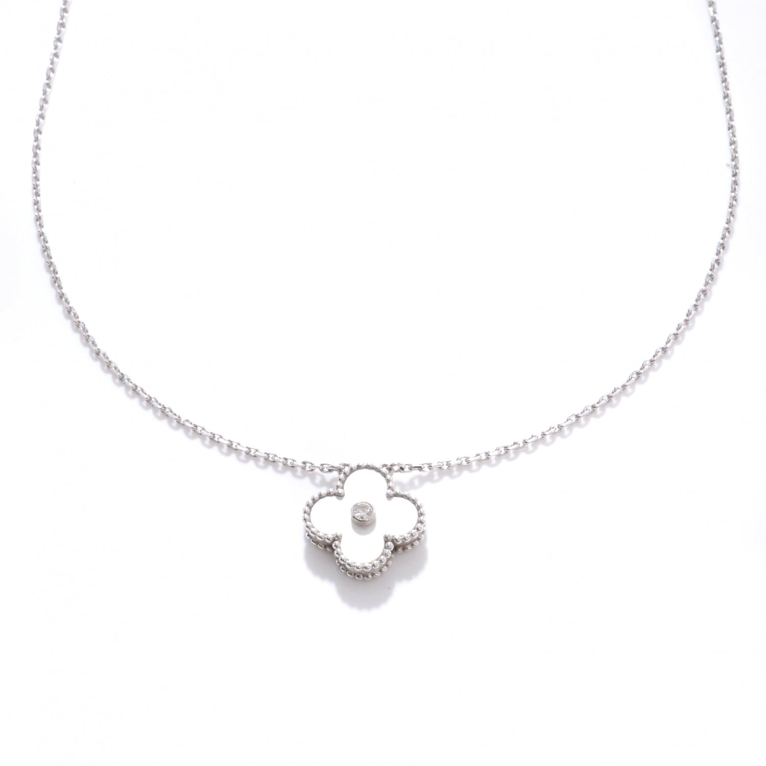 Van Cleef & Arpels 18K White Gold Mother of Pearl Diamond Single Motif Clover Alhambra Necklace 1 of 10