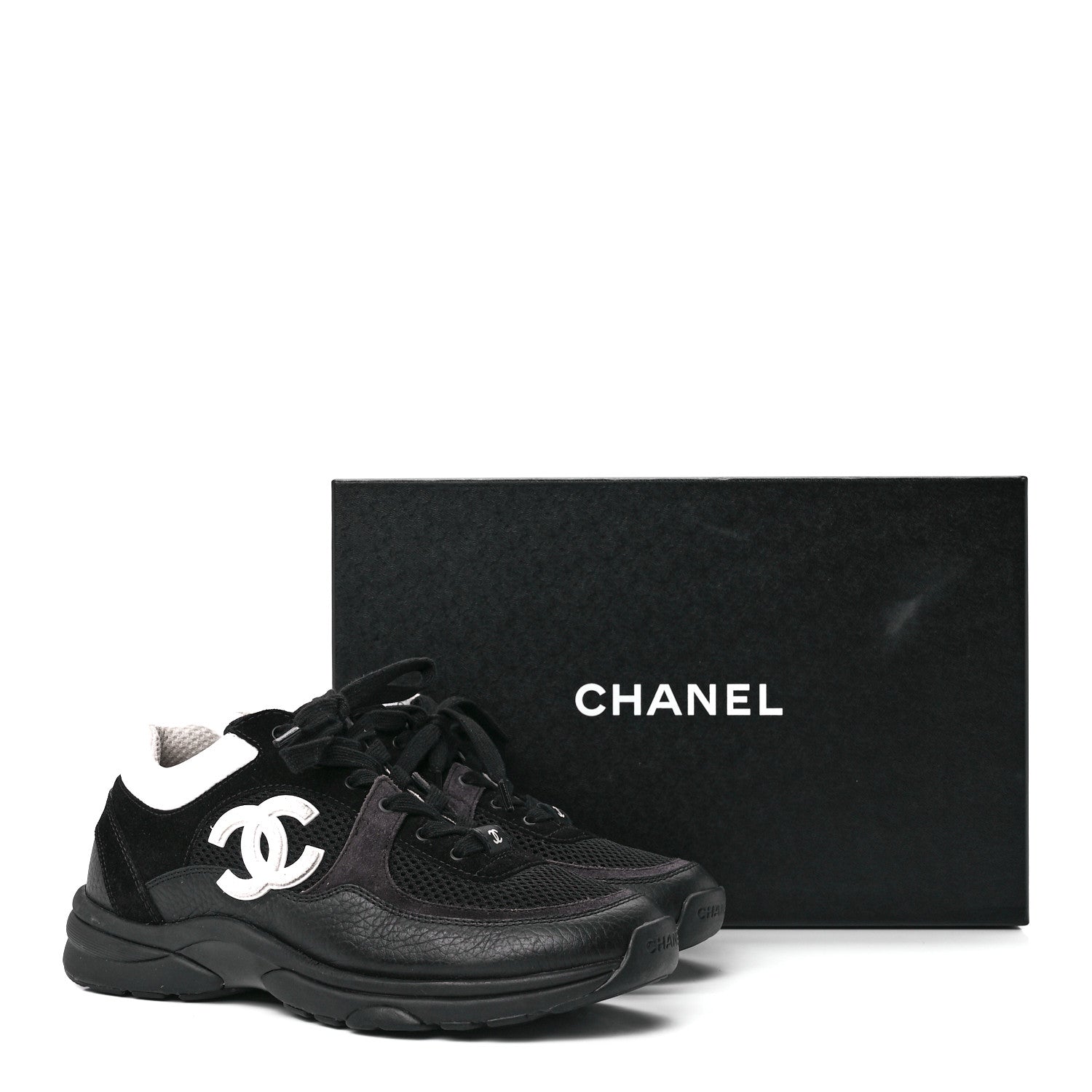 Chanel Mesh Suede Calfskin Grained Calfskin Womens CC Sneakers 38.5 White Black 9 of 9