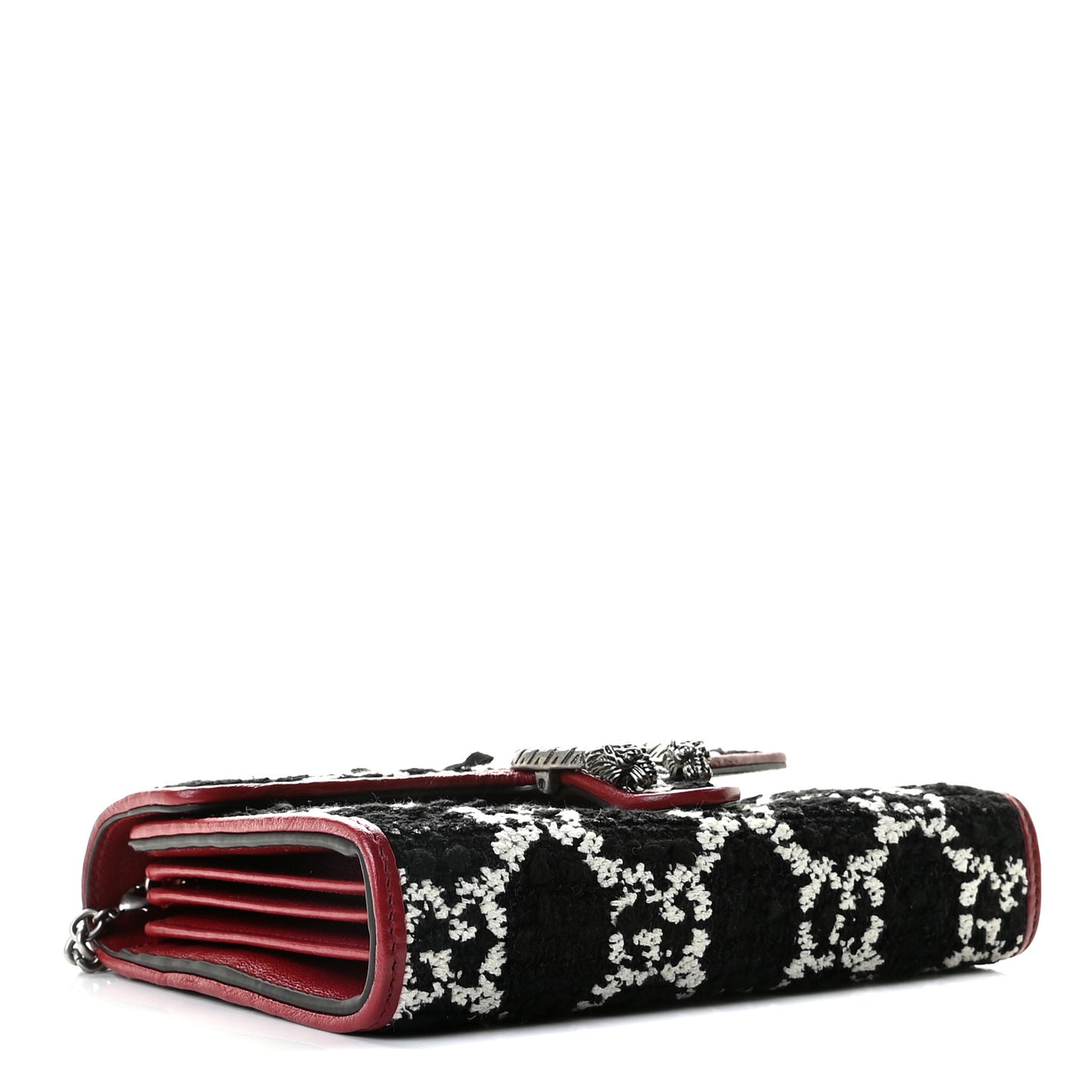 Tweed GG Monogram Mini Dionysus Chain Wallet Black White Romantic Cherry