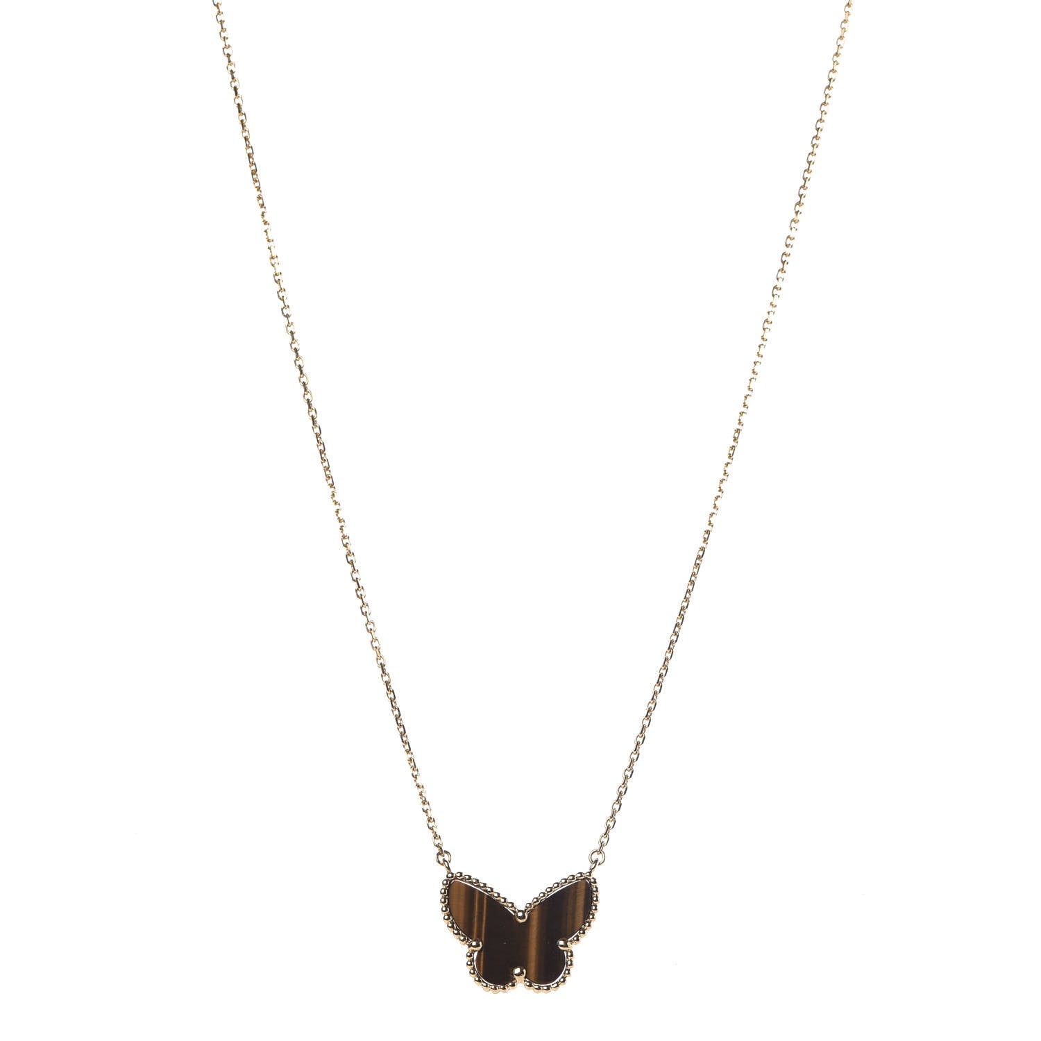 Van Cleef & Arpels 18K Yellow Gold Tiger Eye Lucky Alhambra Butterfly Pendant Necklace 1 of 7