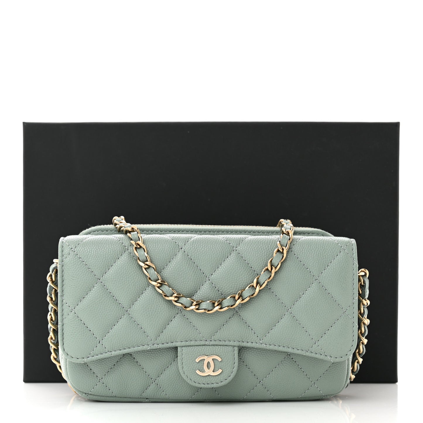 Caviar Quilted Flap Phone Holder With Chain Light Green