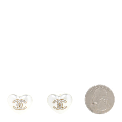 Chanel Pearl Crystal CC Heart Earrings Gold 2 of 5