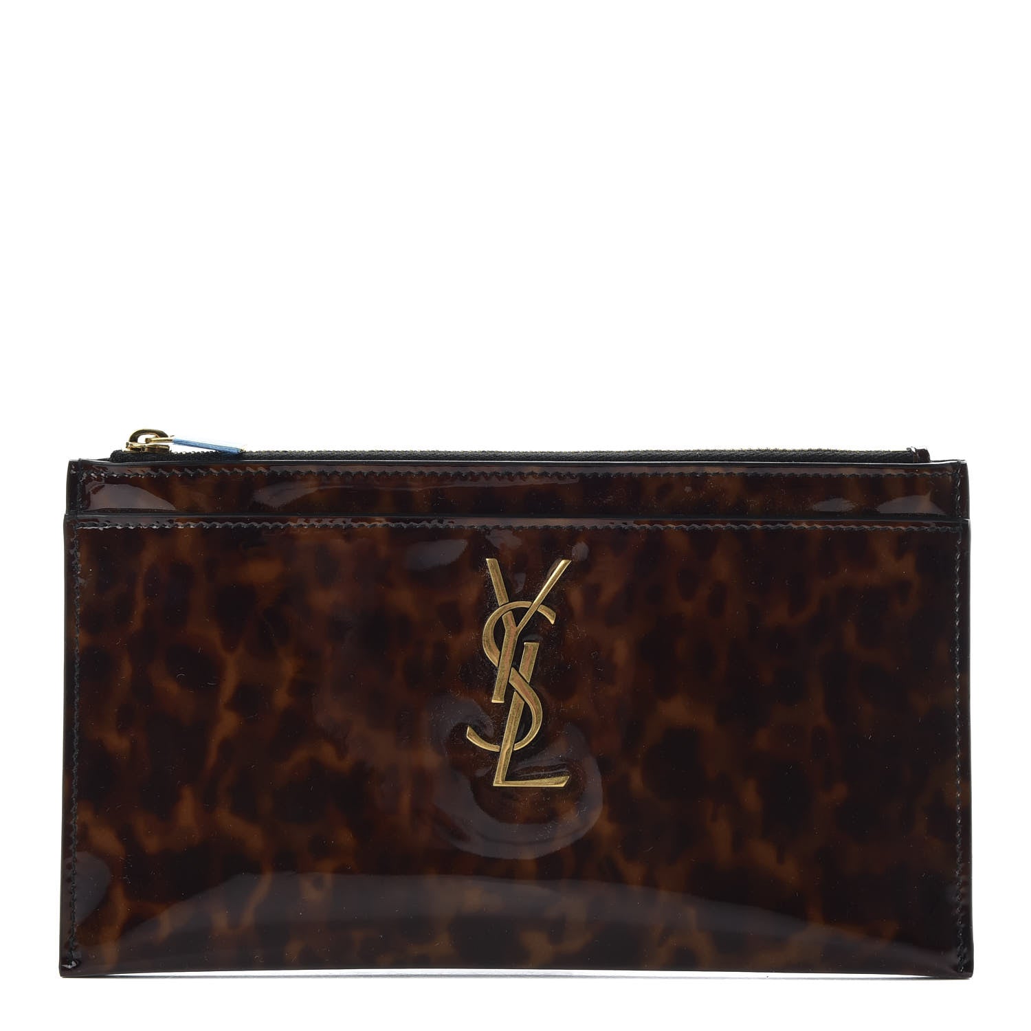 Saint Laurent Patent Tartarugato Monogram Bill Pouch Tortoise Brown 1 of 8