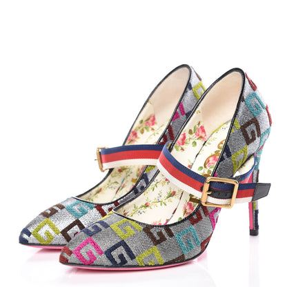 Gucci Velvet Lurex Square G Web Pumps 37.5 Silver Multicolor 3 of 14