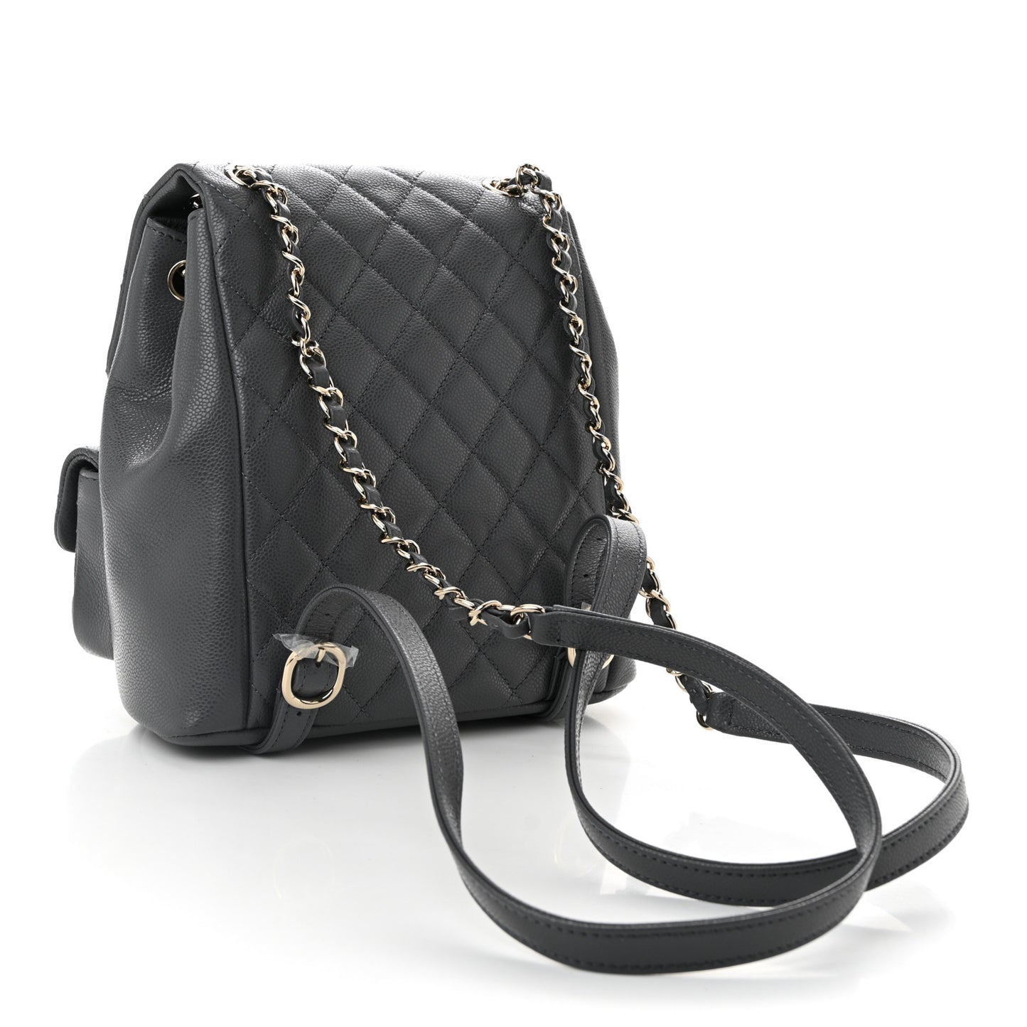 Shiny Caviar Quilted Medium Duma Pockets Drawstring Backpack Grey