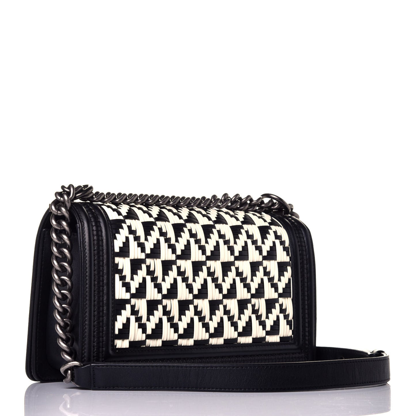 Calfskin Woven Medium Boy Flap Black White