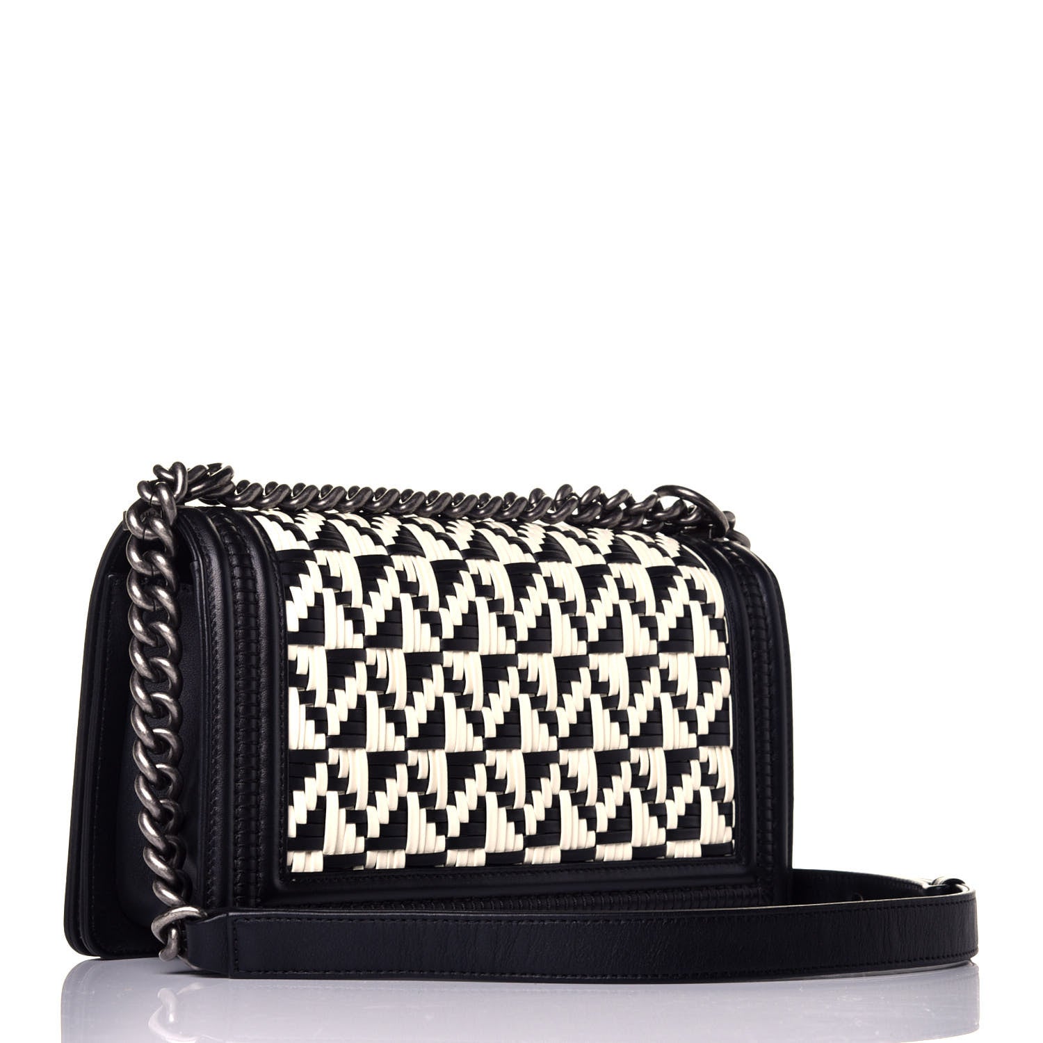Chanel Calfskin Woven Medium Boy Flap Black White 4 of 10