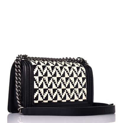 Chanel Calfskin Woven Medium Boy Flap Black White 4 of 10