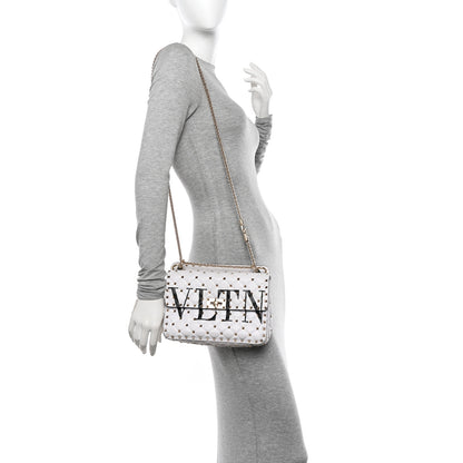 Valentino Garavani Lambskin VLTN Print Medium Rockstud Spike Shoulder Bag Optic White Black 2 of 14