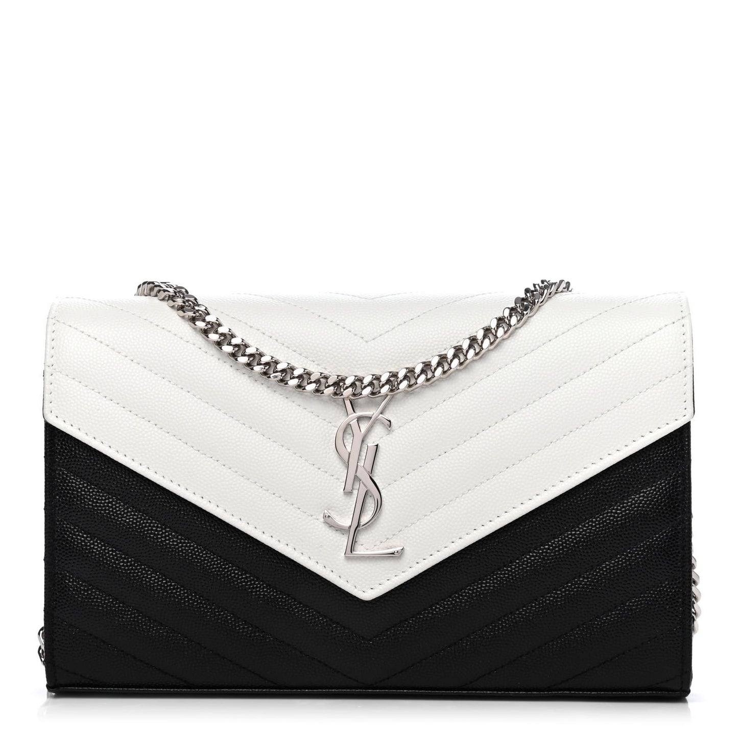 Grain De Poudre Matelasse Chevron Bi-Color Monogram Chain Wallet White Black