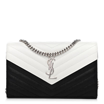 Saint Laurent Grain De Poudre Matelasse Chevron Bi-Color Monogram Chain Wallet White Black 1 of 4