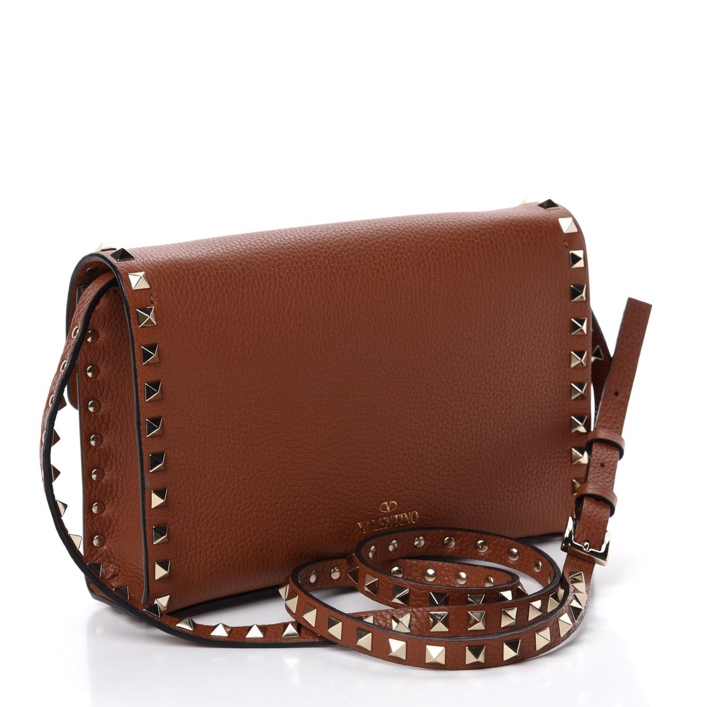 Pebbled Calfskin Medium Rockstud Flip Lock Crossbody Bag Brown