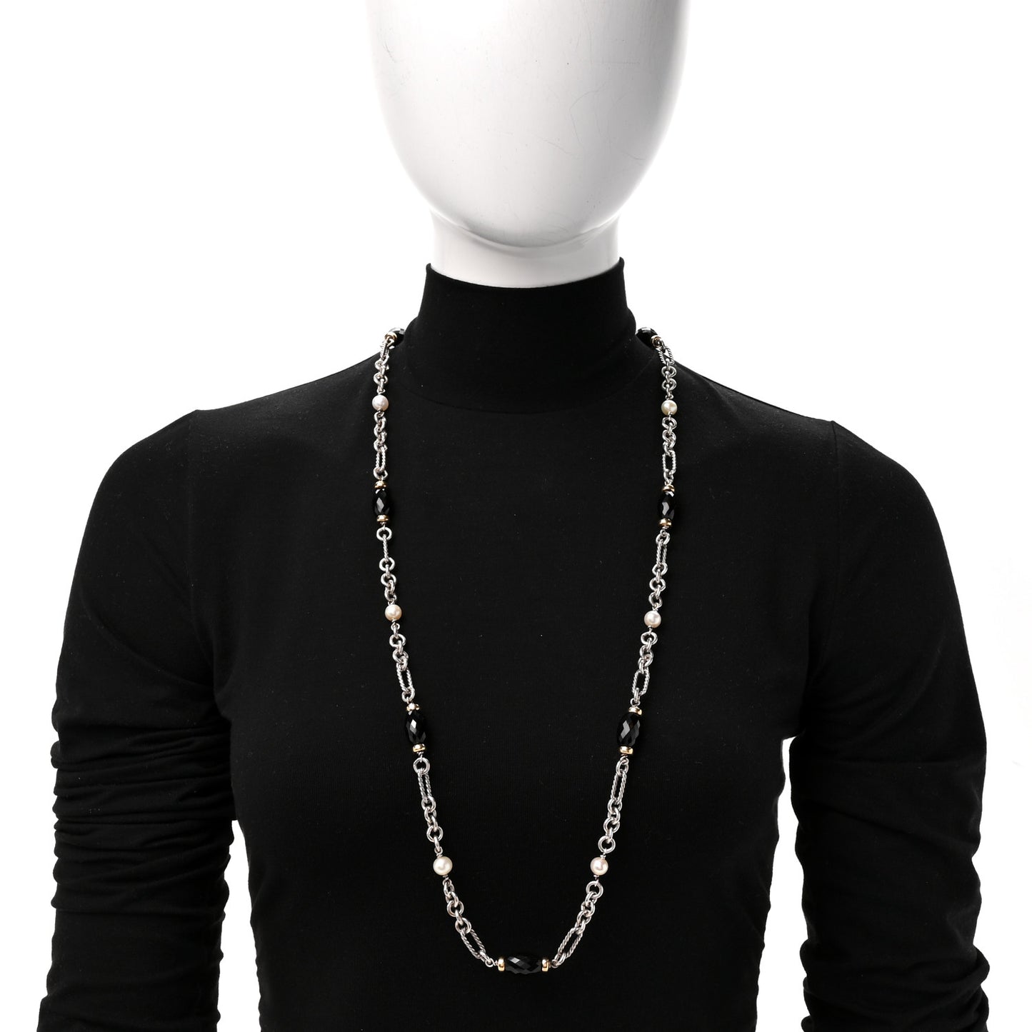 Sterling Silver 18K Yellow Gold Black Onyx Cultured Pearl Figaro Station Link Necklace