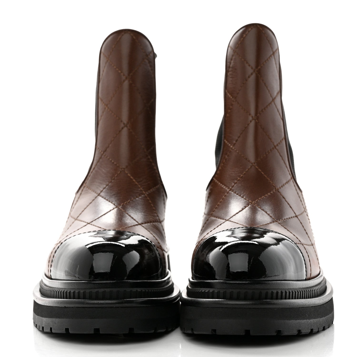 Chanel Calfskin Patent Cap Toe Quilted Short Boots 36.5 Brown Black 2 of 9