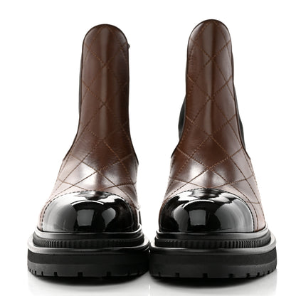 Chanel Calfskin Patent Cap Toe Quilted Short Boots 36.5 Brown Black 2 of 9