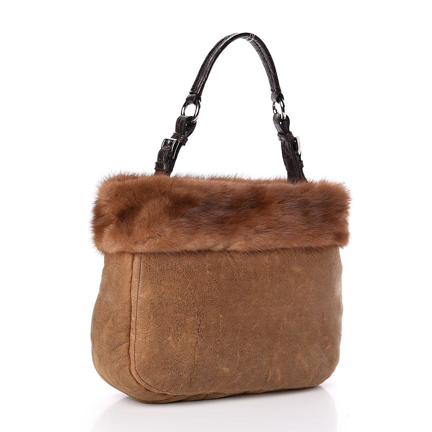 Suede Shearling Mink Fur Crocodile Shoulder Bag Brown