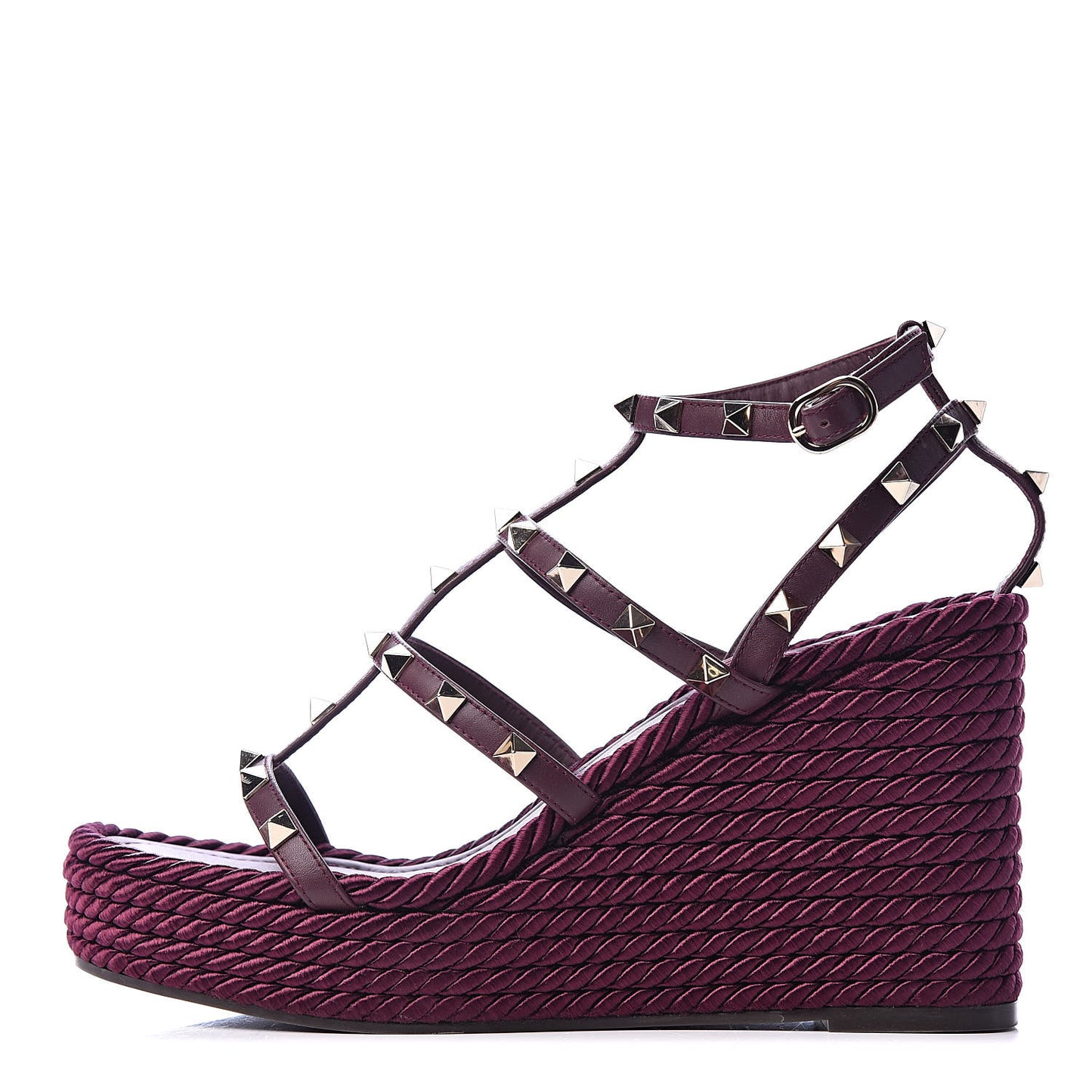 Calfskin Rockstud Ankle Strap Torchon Espadrille Caged 25/95mm Wedge Sandals 38 Rubin