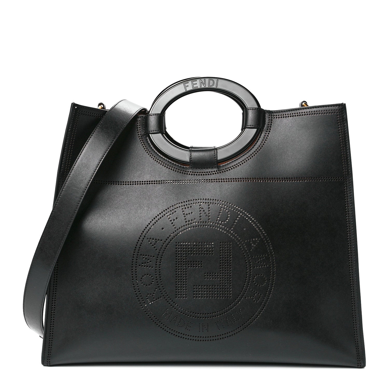 Fendi Vitello Liberty Plexiglass Stamp Patch Perforated Medium Runaway Shopper Tote Black 1 of 11