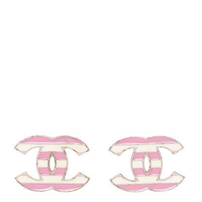 Chanel Enamel Striped CC Earrings Pink White Gold 1 of 5