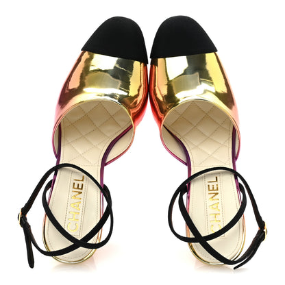 Chanel Laminated Calfskin Grosgrain Cap Toe CC Wedge Pumps 38 Pink Orange Yellow Black 2 of 11