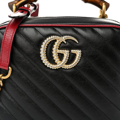 Gucci Vintage Effect Calfskin Matelasse Diagonal Small Torchon GG Marmont Bamboo Top Handle Shoulder Bag Black Romantic Cherry 8 of 11