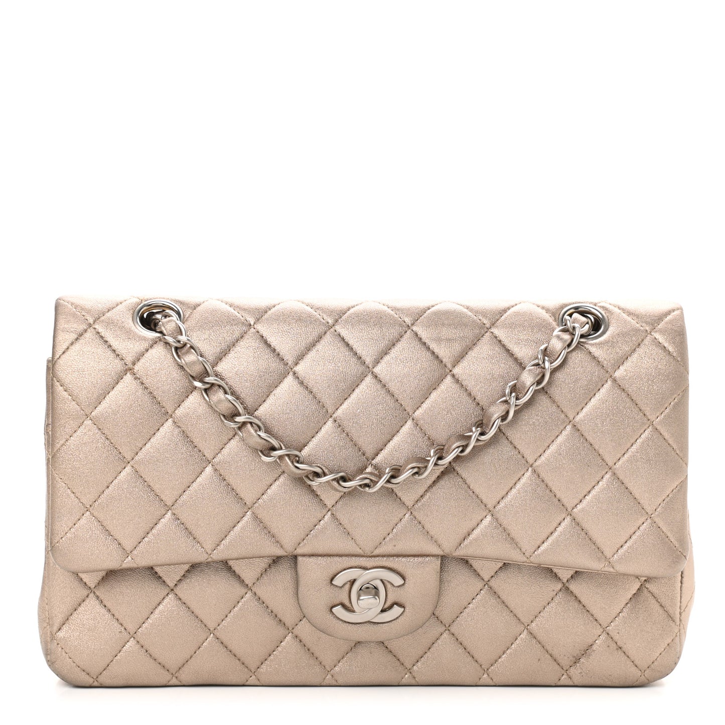 Metallic Lambskin Quilted Medium Double Flap Pink