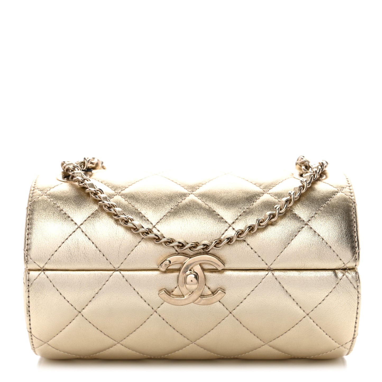 Metallic Lambskin Quilted Barrel Crossbody Bag Gold