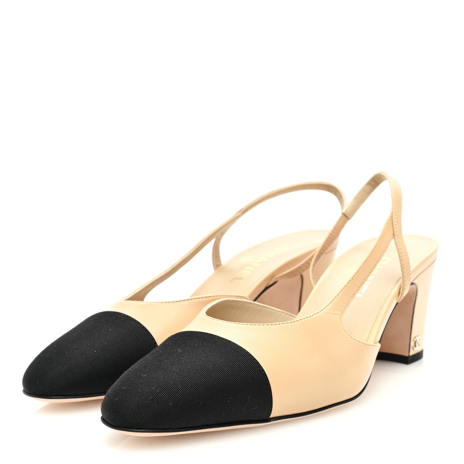 Chanel Goatskin Grosgrain Cap Toe CC Slingback Pumps 40.5 Beige Black 2 of 8